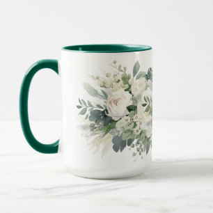 Taza Verde floral blanco Botánico acuarela 