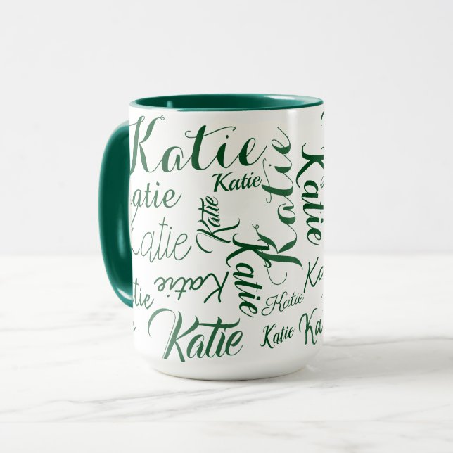 Taza verde moderno con nombres manuscritos blancos (Anverso izquierdo)