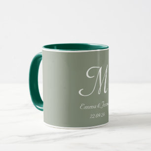 Taza Verde Salvia & Blanco Monograma Elegante Nombre In
