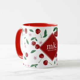 Taza Verdor de cerezas rojas y flores de cerezo Monogra