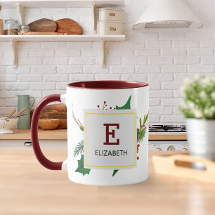 Taza Verdor Navideño Elegante Monograma Rojo Granate