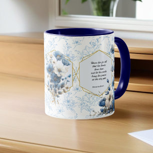 Taza Verso de la bíblica floral blanca azul moderna