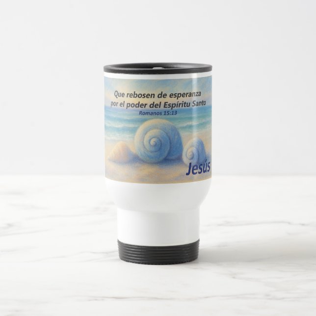 taza viaje caracolas de Mar con Versículo Romanos (Centro)