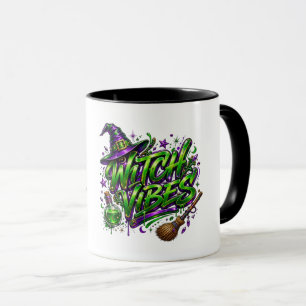 Taza Vibraciones de Bruja Verde Neón y Morado Witchcore