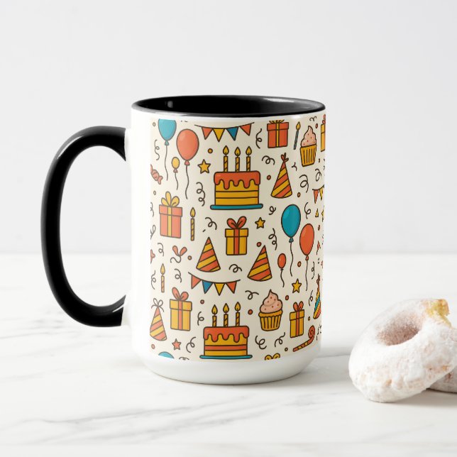 Taza Vibrant Birthday Party Seamless Pattern (Con donut)