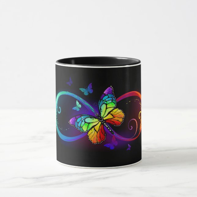 Taza Vibrant infinity with rainbow butterfly on black (Centro)