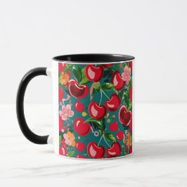 Taza Vibrante cereza y patrón floral sobre fondo Verde 