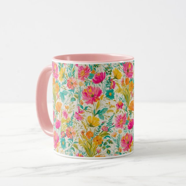 Taza Vibrante Fénix con fondo floral (Anverso izquierdo)