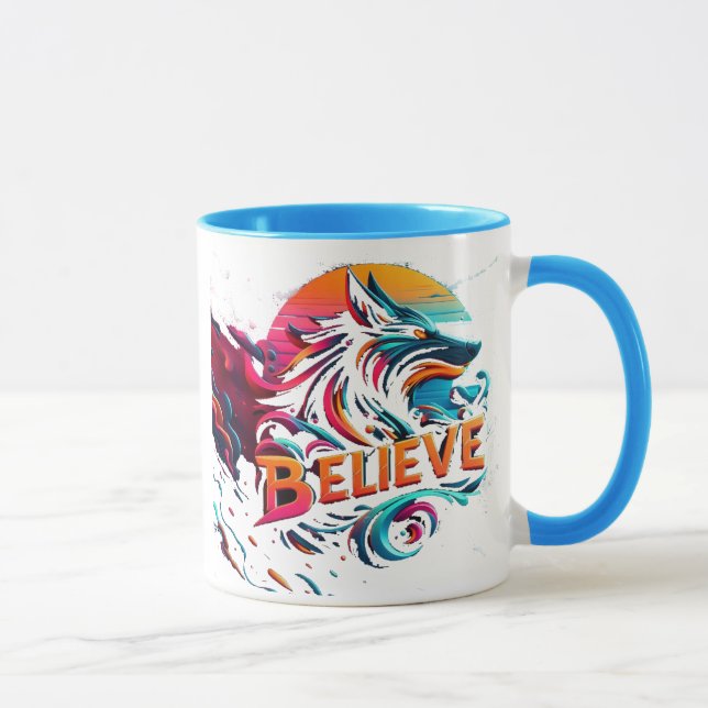 Taza Vibrante obra de arte digital con un elegante lobo (Derecha)