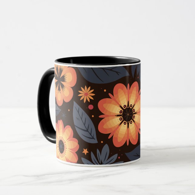 Taza Vibrante patrón floral Naranja sobre fondo oscuro (Anverso izquierdo)