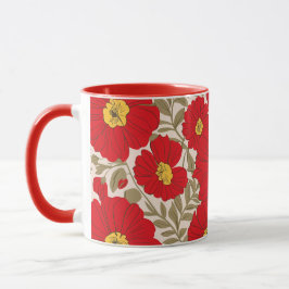 Taza Vibrante Patrón Floral Rojo con Hojas Verdes de Ol