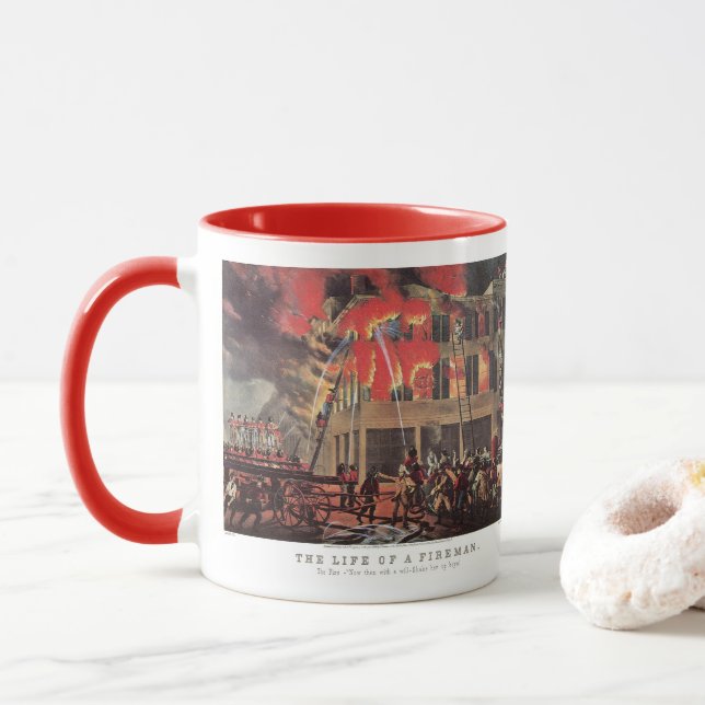 Taza Vida de un bombero, antiguos bomberos combatiendo  (Con donut)