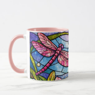 Taza Vidrieras de Lirios y Libélulas Rosa