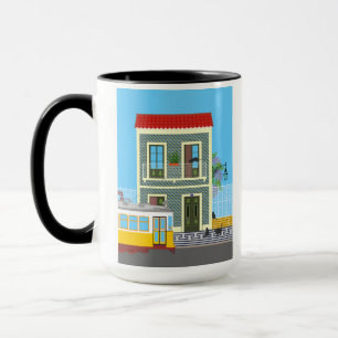Taza Vieja casa de Lisboa con gatos y tranvía amarillo
