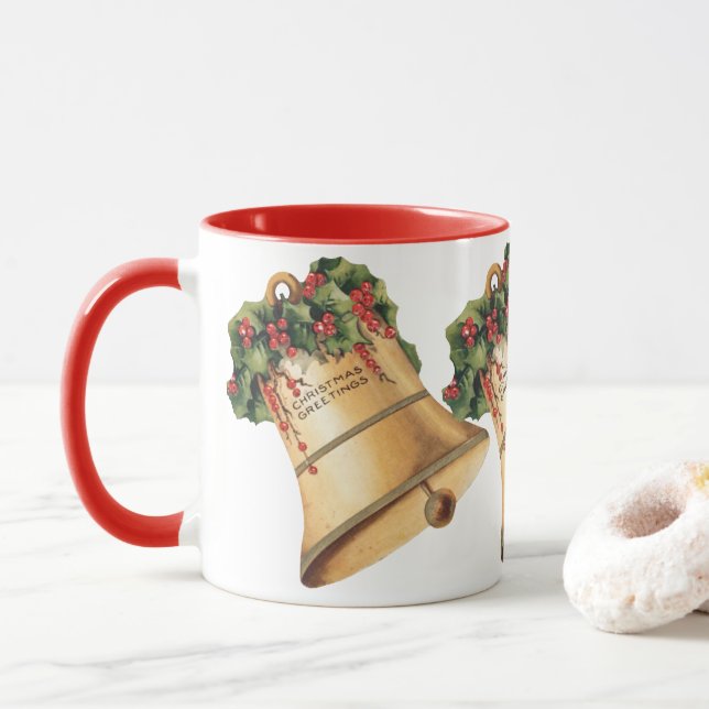 Taza Viejas campanas de oro navideñas, saludos de tempo (Con donut)