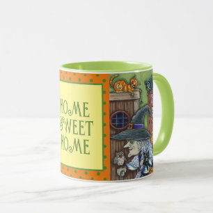 TAZA VIEJO TESTIGO FELIZ CASA, MUCHOS GATOS Y OWL HALLO