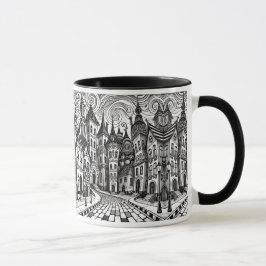 Taza Village en noir et blanc avec des maisons penchées