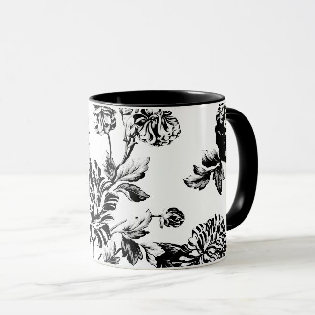 Taza Vintage blanco negro Toile floral botánico (Anverso derecho)