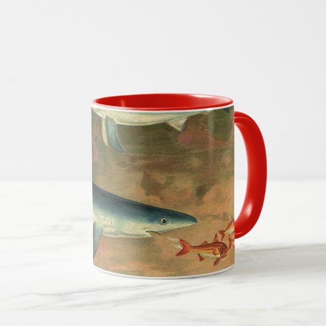 Taza Vintage Blue Shark Comer pescado, vida marina (Anverso derecho)