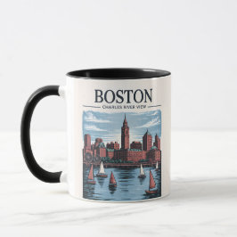 Taza Vintage Boston Massachusetts Cityscape & Sailboat