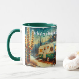Taza Vintage Camper Saguaro Cactus Navidades Blue Green