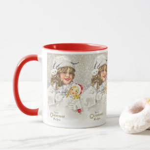 Taza Vintage Chica victoriano de Navidad con muñeca en
