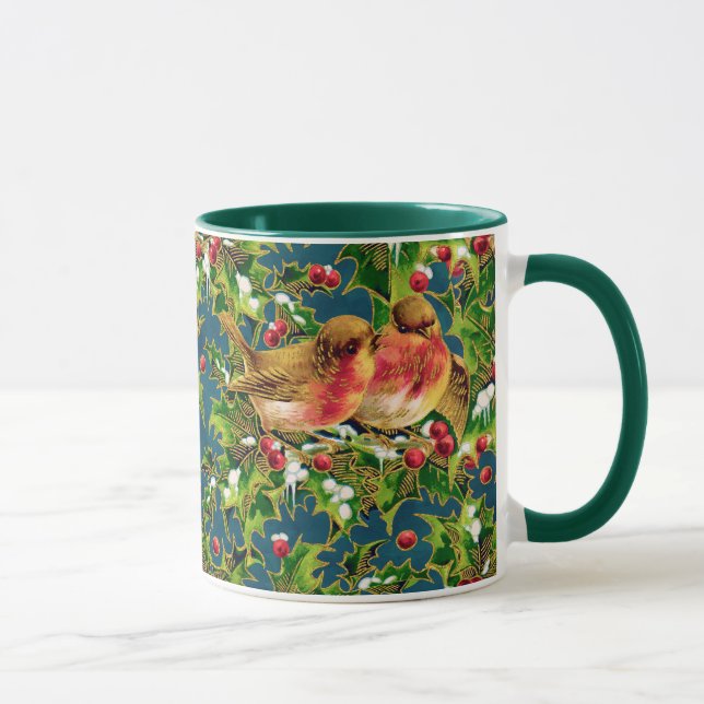 Taza Vintage Christmas Birds Holly Faux Gold Pattern (Derecha)