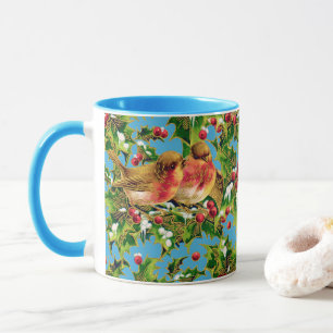 Taza Vintage Christmas Birds Holly Faux Gold Pattern