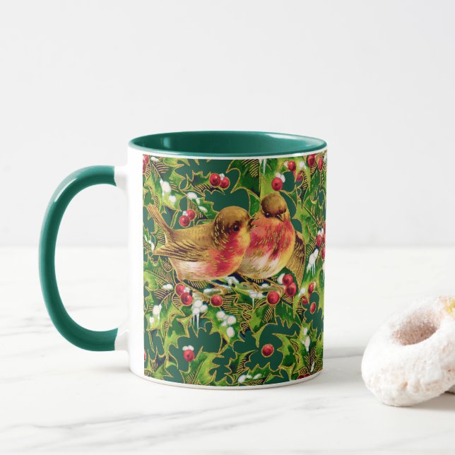 Taza Vintage Christmas Birds Holly Faux Gold Pattern (Con donut)