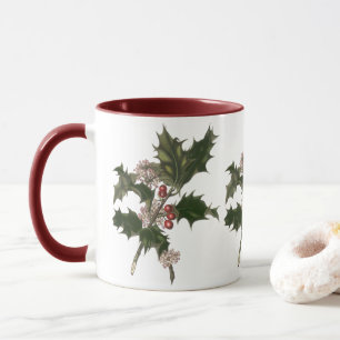 Taza Vintage Christmas, Green Holly Plant with Berries