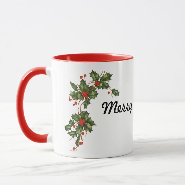 Taza Vintage Christmas, Holly Plant with Red Berries (Izquierda)