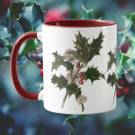 Taza Vintage Christmas, Holly Plant with Red Berries