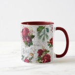 Taza Vintage Christmas Rosa Joyeux Noel Ephemera<br><div class="desc">Elegante y ricamente detallada composición floral vintage de Navidad sin fisuras con tipografía "Joyeux Noel",  escritura manuscrita,  gráfico postal,  hueco,  mistletoe y rosas de rojo profundo,  marrón y marfil sobre antecedentes de pergamino envejecido.</div>