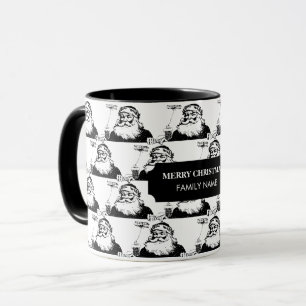 Taza Vintage Christmas Santa Claus Black White Name