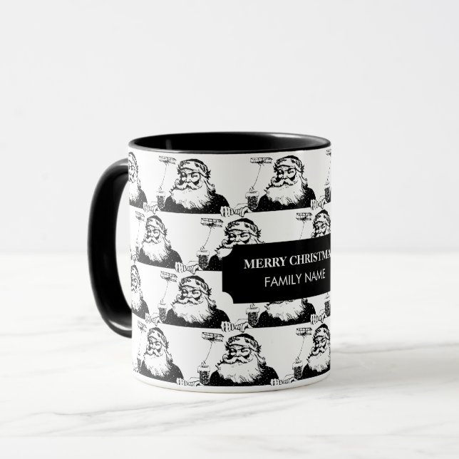 Taza Vintage Christmas Santa Claus Black White Name (Anverso izquierdo)