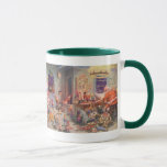 Taza Vintage Christmas, Santa Claus con Elves Workshop<br><div class="desc">Ilustracion de la Vintage. Imagen de feriado de Navidad con Jolly San Nicolás y sus elfos ocupados construyendo juguetes, muñecas, caballos mecedores, etc. en el taller de Santa en el Polo Norte en la Víspera de los Navidades. Santa Claus está revisando su lista traviesa o buena una vez más para...</div>