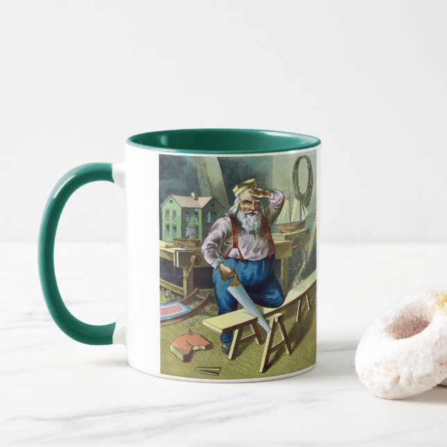 Taza Vintage Christmas, Santa Claus construyendo juguet (Con donut)
