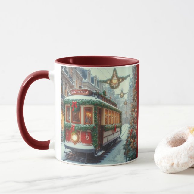 Taza Vintage Christmas Tram in Snowy Town (Con donut)