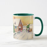 Taza Vintage Christmas Tree on a Snowley Winter Road<br><div class="desc">Ilustracion Vintage Diseño navideño de Feliz Navidad con una carretera cubierta de nieve durante la temporada invernal. Una familia está trayendo a casa un pino recién cortado o un árbol navideño de abetos en un trineo tirado por un caballo.</div>