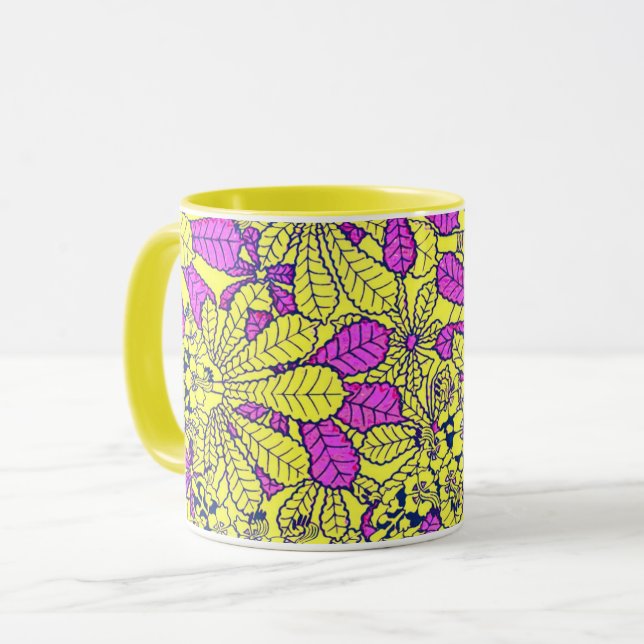 Taza vintage divertida flores púrpura amarillo (Anverso izquierdo)