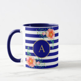 Taza Vintage Floral Gold Monograma Naval Blanco Rayado