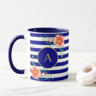 Taza Vintage Floral Gold Monograma Naval Blanco Rayado