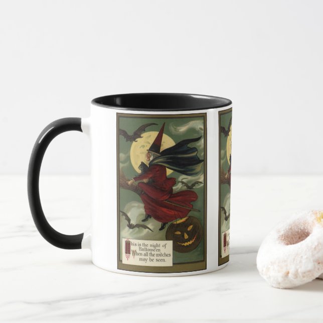 Taza Vintage Halloween Witch Riding Broomstick con gato (Con donut)