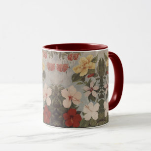 Taza Vintage Hibiscus Flowers Rojo Floral amarillo