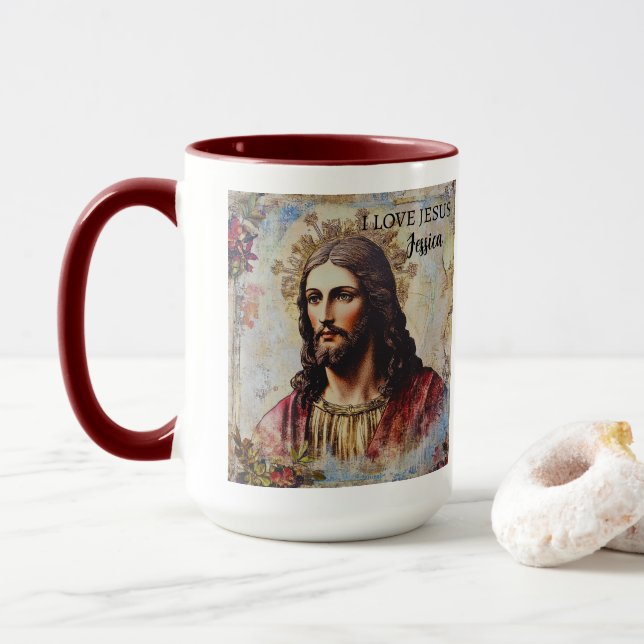 Taza Vintage Jesus Christian Nombre personalizado (Con donut)