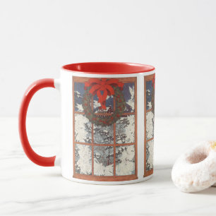 Taza Vintage Navidad Wreath en una ventana con nieve