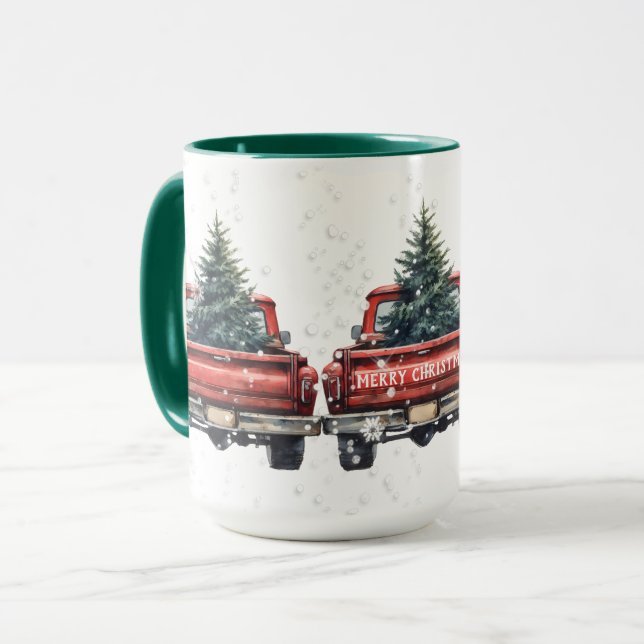 Taza Vintage Red Trucks Feliz Navidad (Anverso izquierdo)