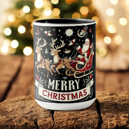 Taza Vintage Santa & Reindeer Starry Night Christmas 
