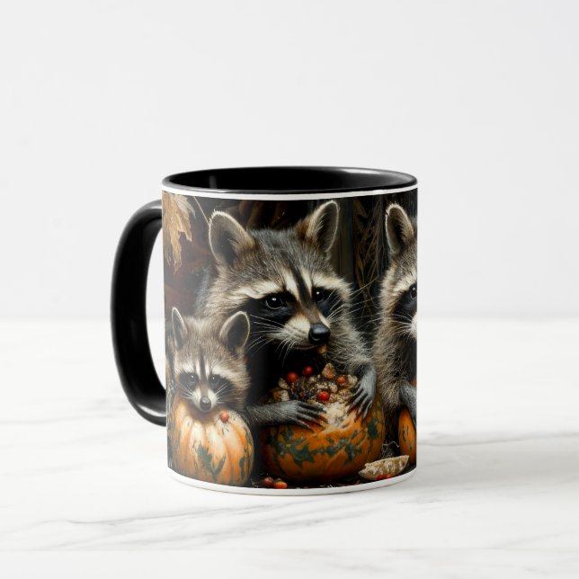 Taza Vintage Three Raccoons and Pumpkins Otoño (Anverso izquierdo)