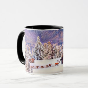 Taza Vintage Winter Scenery Reindeer Log Cabin Pintura